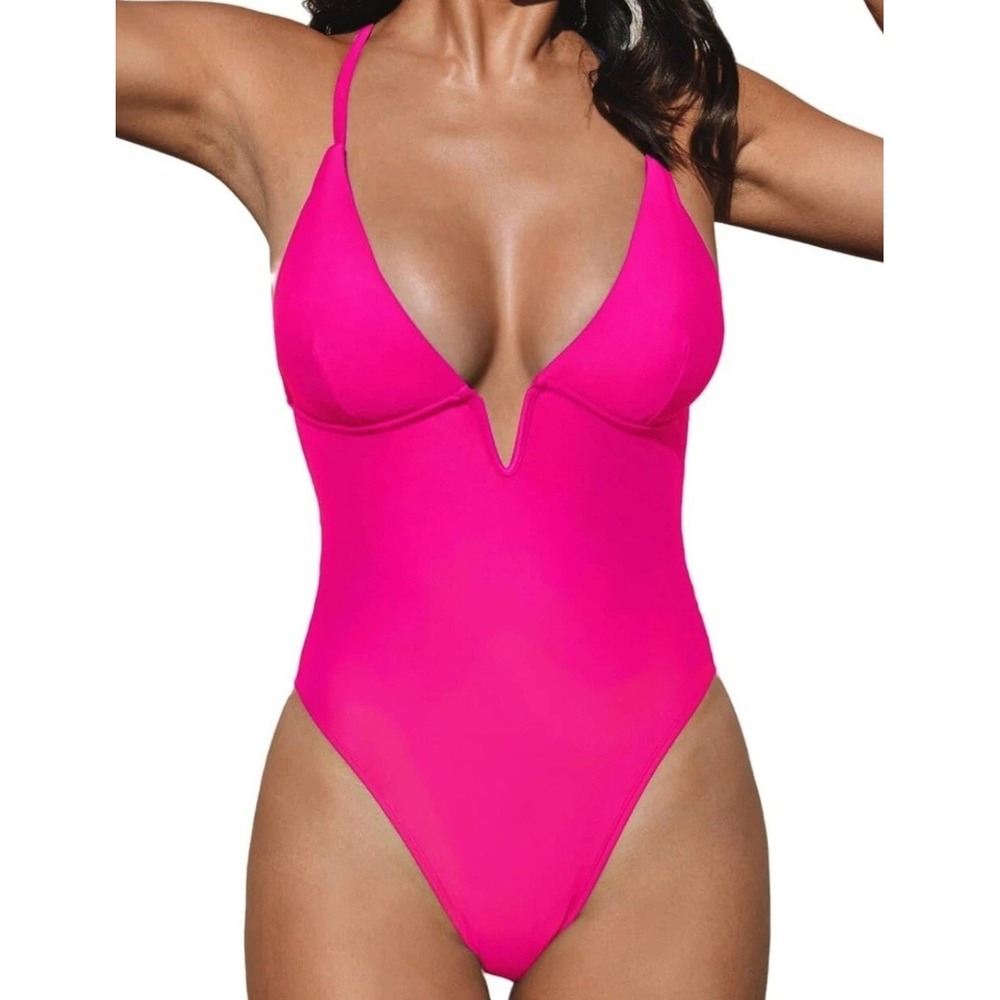 Cupshe Womens XL Pink Deep V-Wire High Cut One Piece Swimsuit NWT